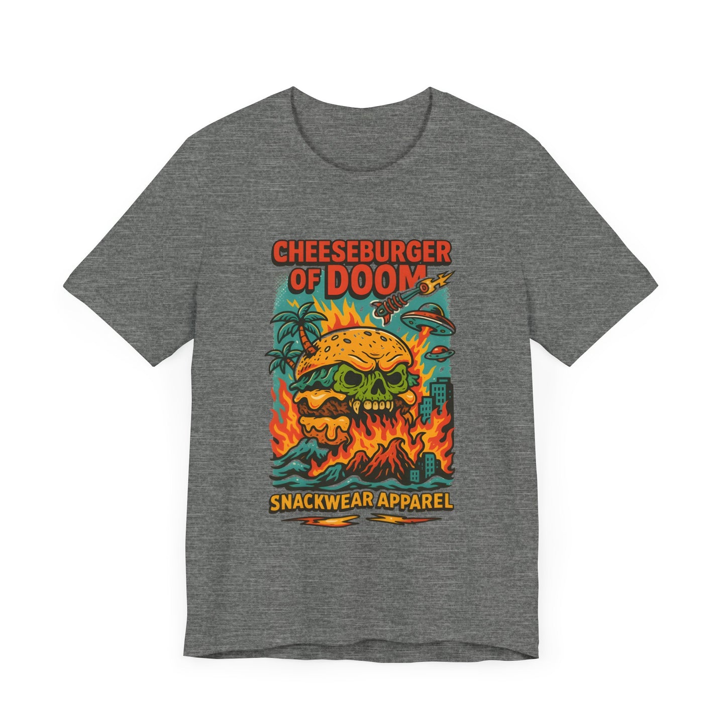 Cheeseburger of Doom Unisex Tee | Fun Graphic Tee, Snackwear Apparel, Casual Wear, Summer Vibes, Gift for Foodies, Quirky T-Shirt